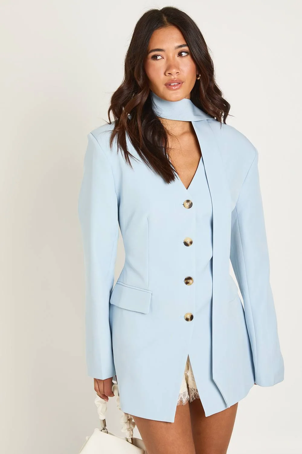 Tailored Scarf Detail Shoulder Pad Blazer Dress by boohoo