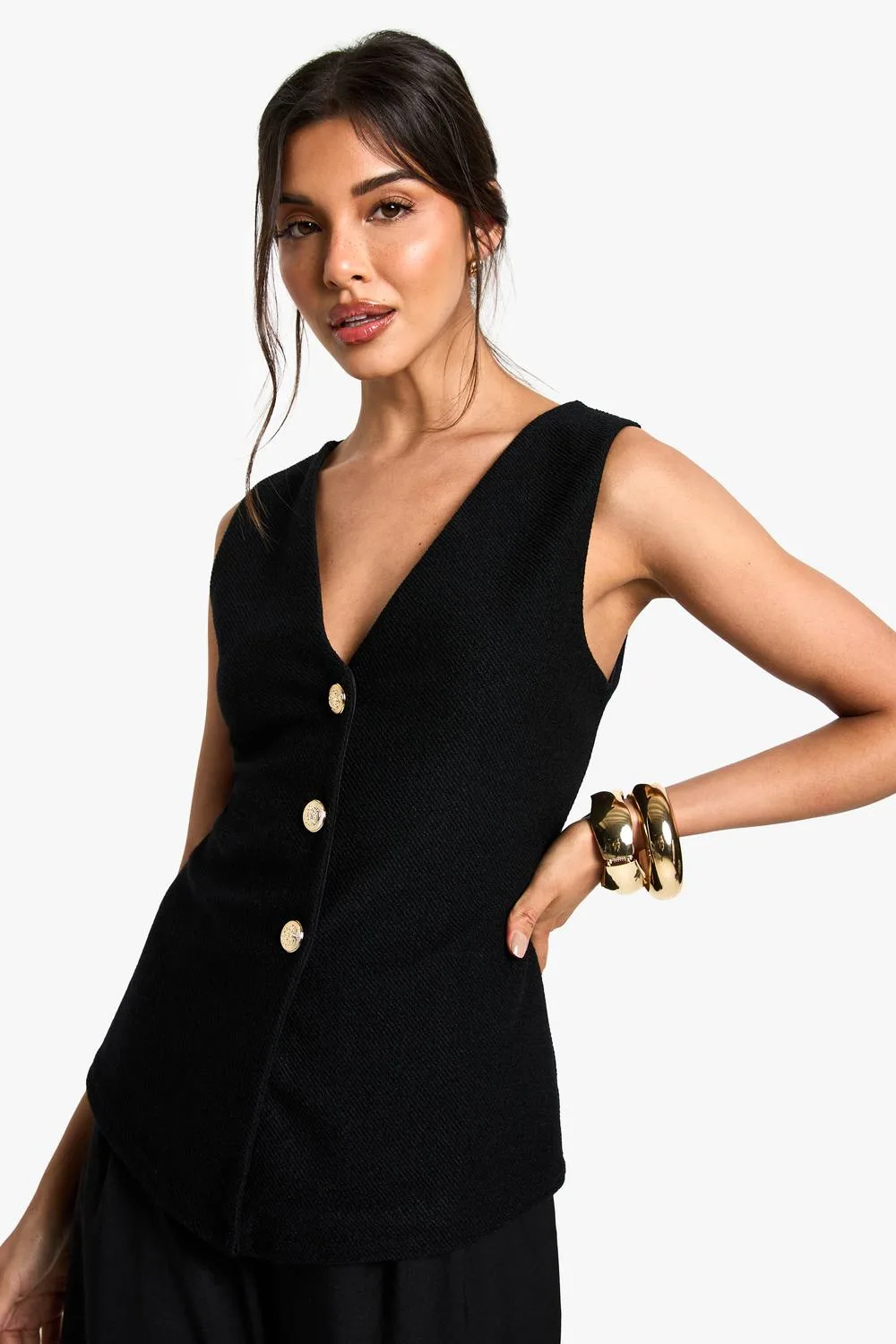 Textured Button Through V Neck Longline Waistcoat by boohoo
