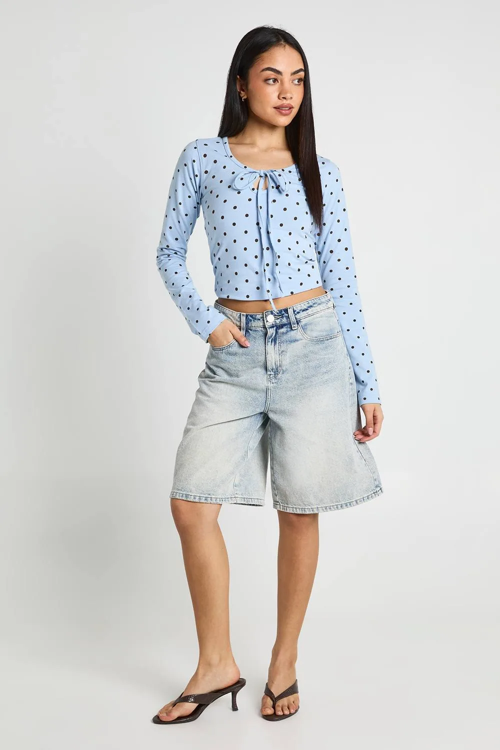 Polka Dot Tie Scoop Neck Long Sleeve Top by boohoo