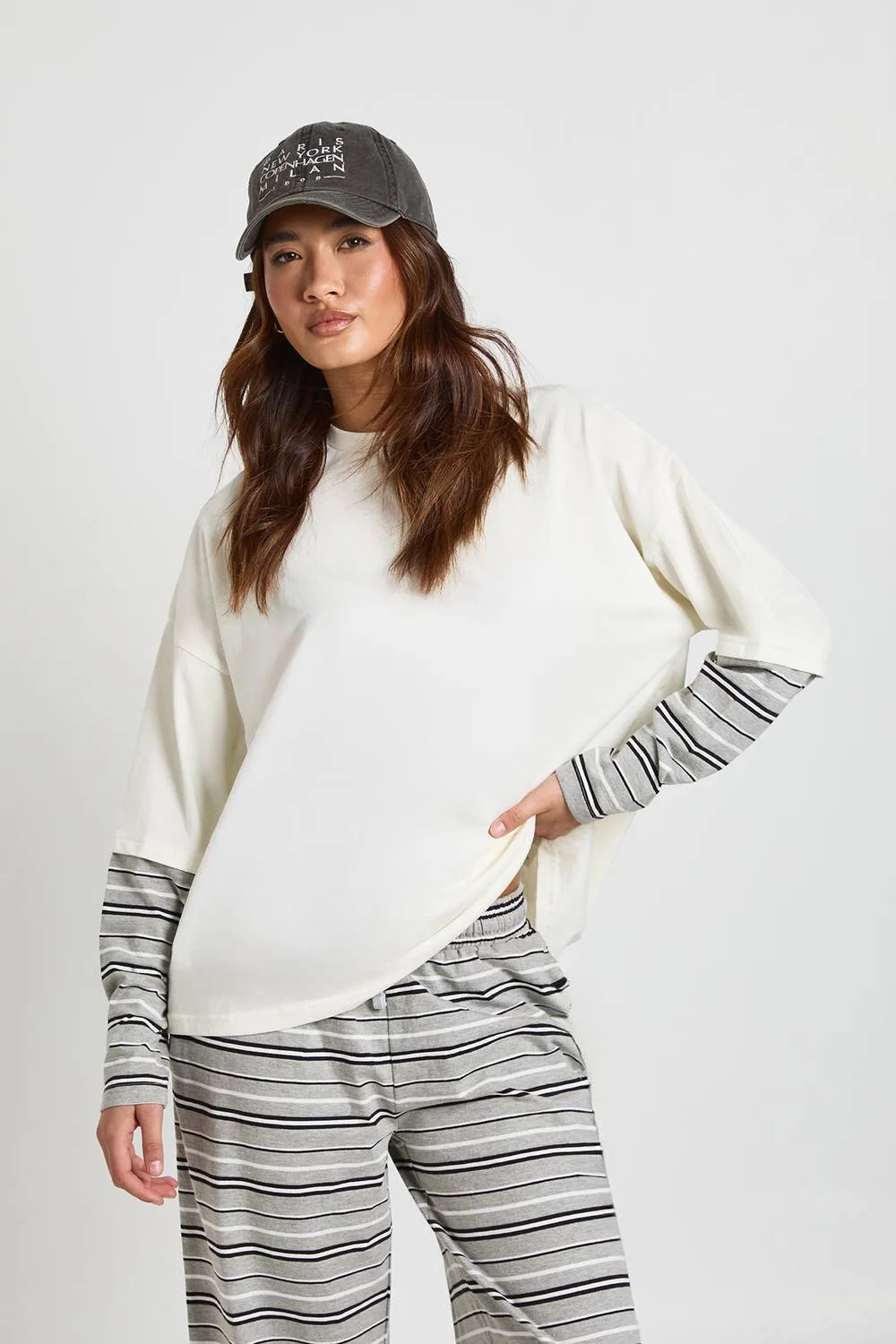 Stripe Sleeve Double Layer Oversized T-Shirt by boohoo