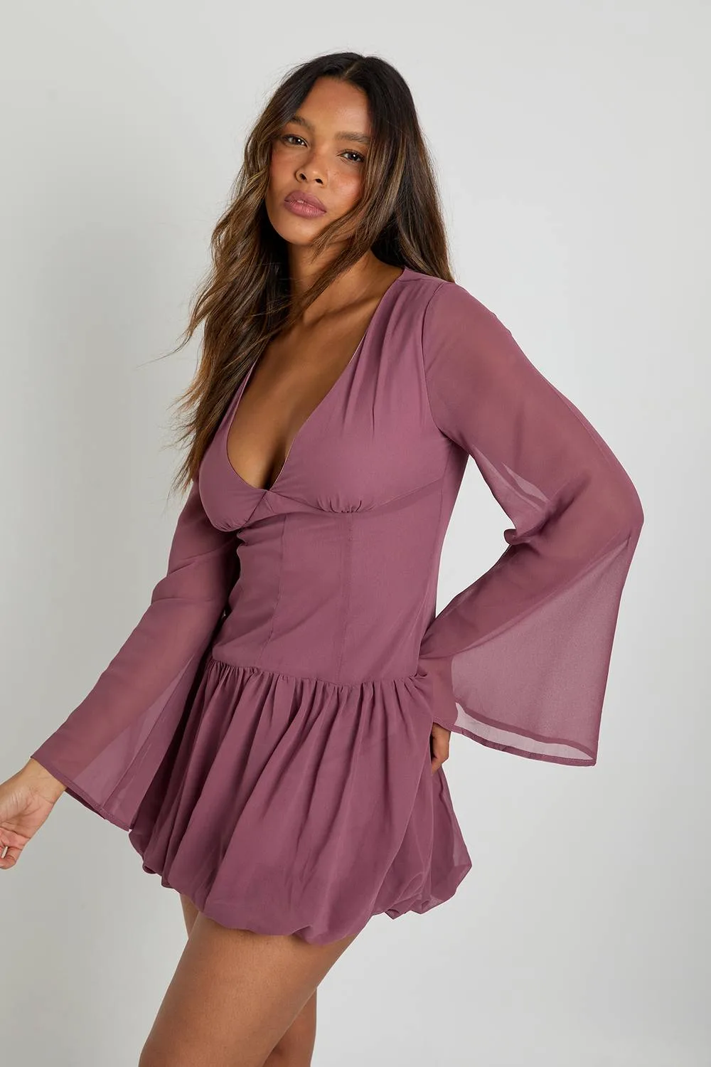 Chiffon Drop Waist Puff Ball Mini Dress by boohoo
