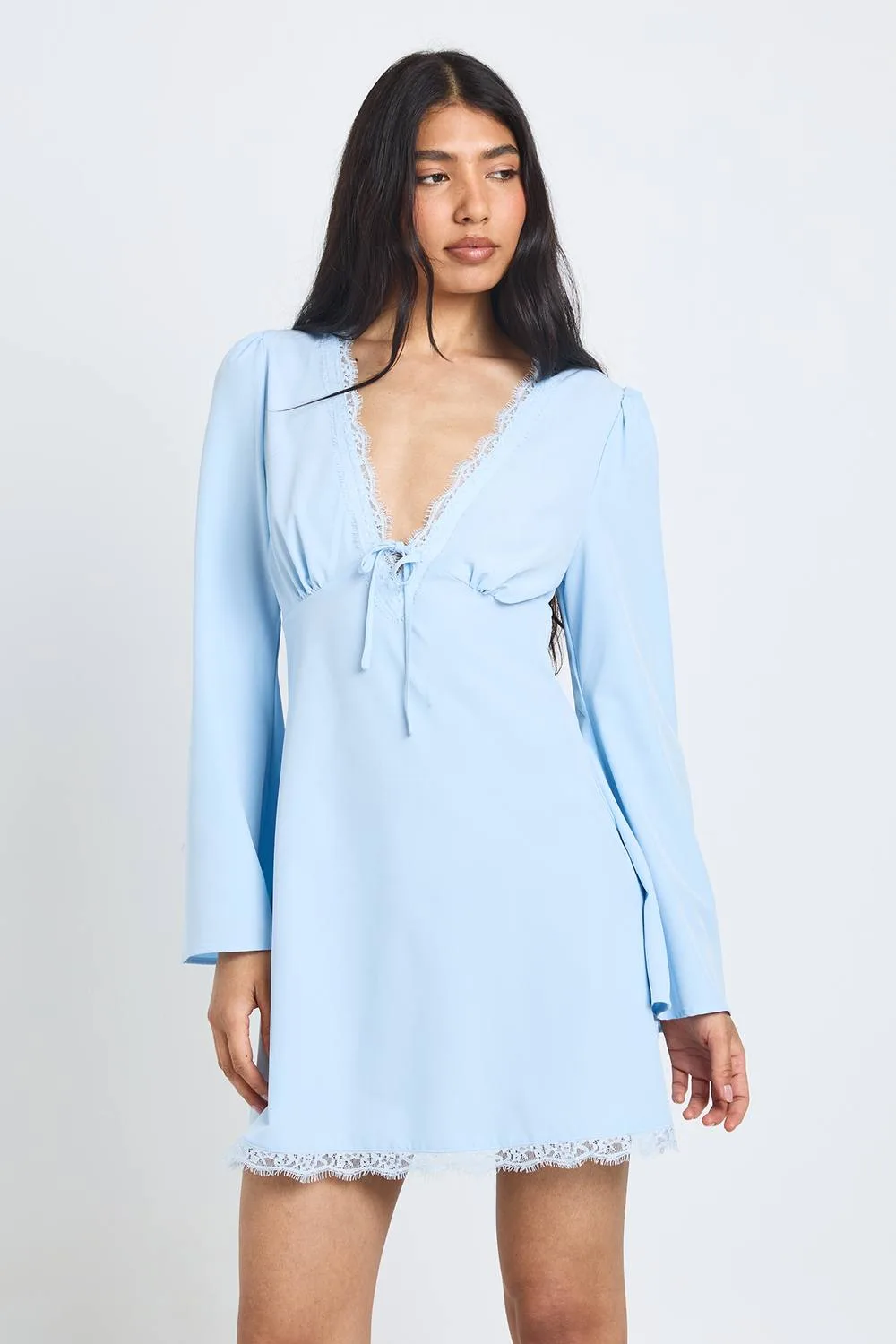 Flared Sleeve Lace Trim Mini Dress by boohoo