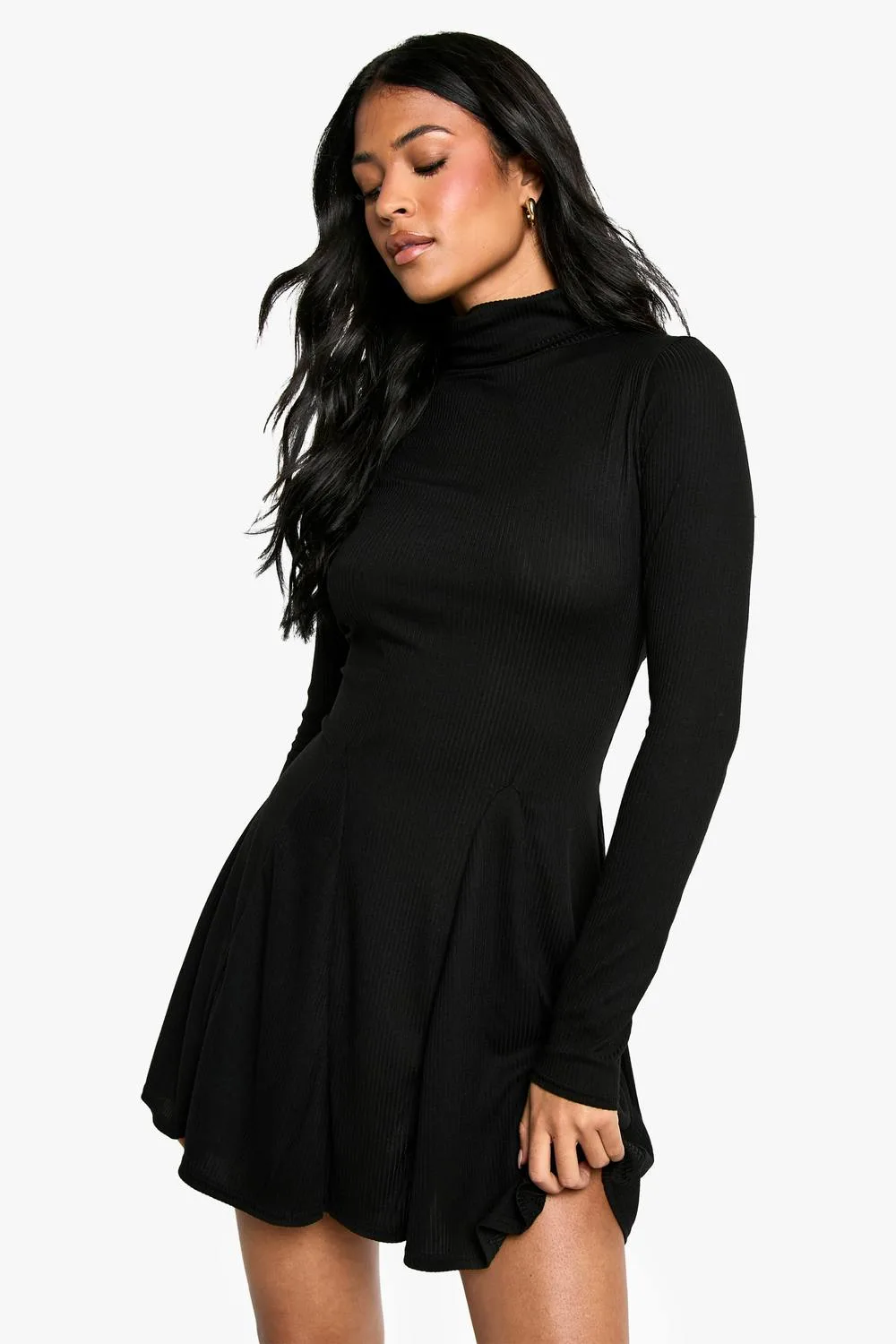 Roll Neck Godet Hem Rib Skater Dress by boohoo