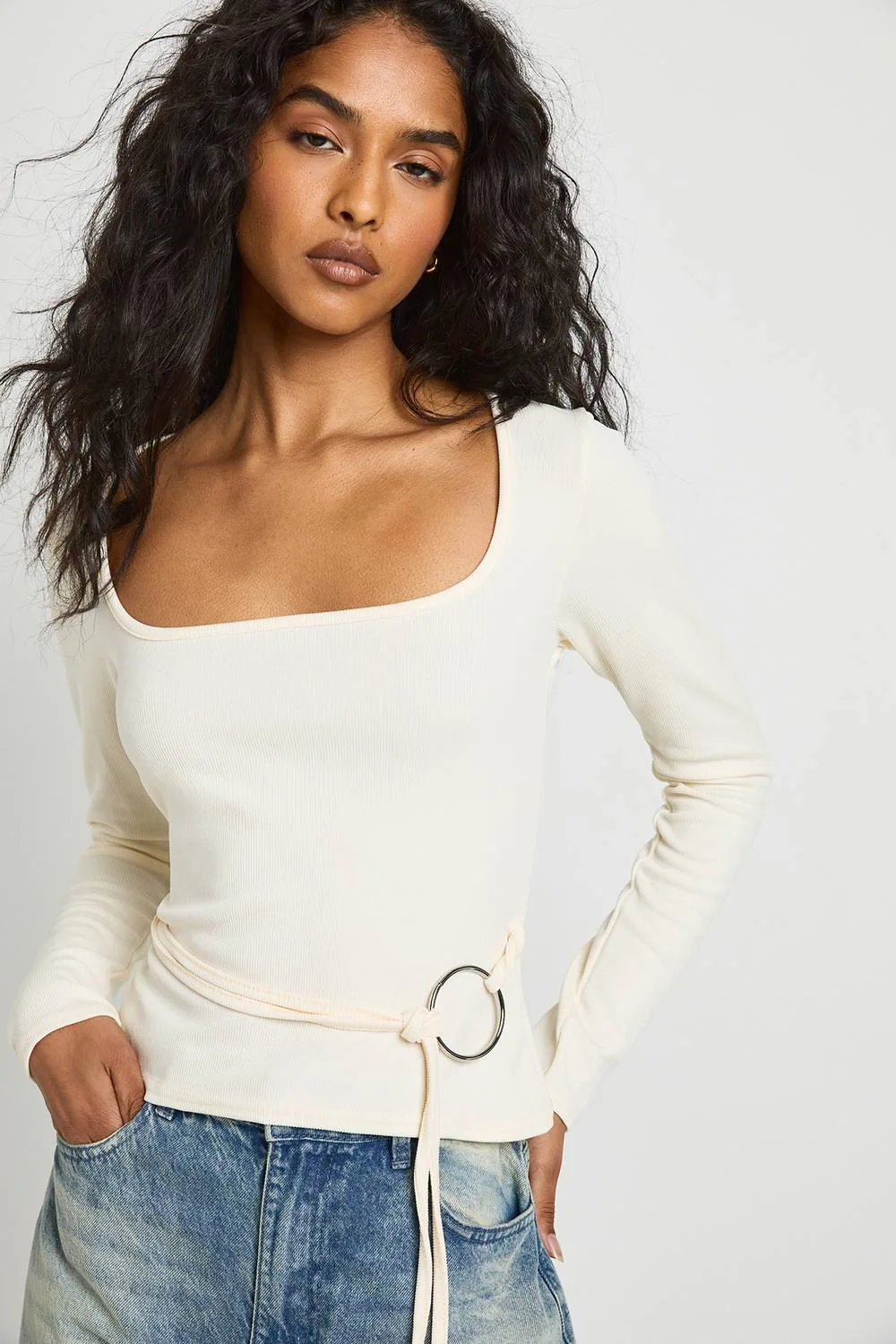 Ribbed Long Sleeve Ring Detail Top by boohoo