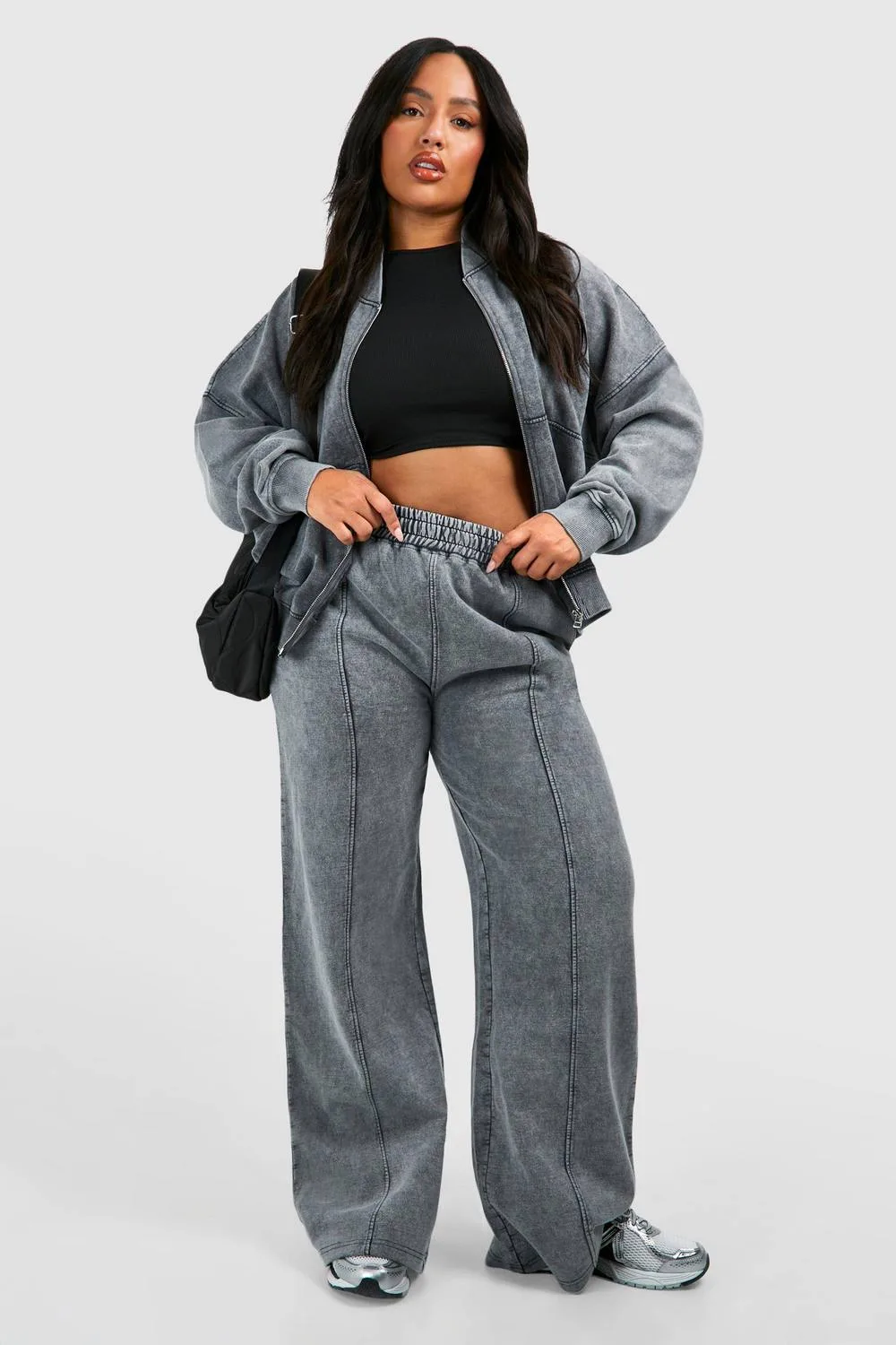 Plus Washed Zip Through Bomber Straight Leg Tracksuit by boohoo