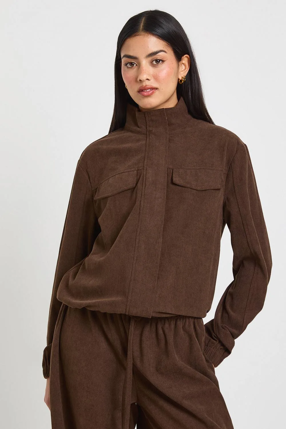 Cord Funnel Neck Tracksuit Top by boohoo