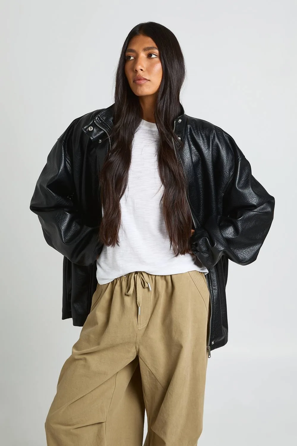 Tall Cinched Waist Detail Faux Leather Jacket by boohoo