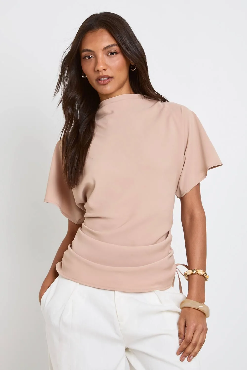 Tall Loose Ruched Side Body Top - Stone by boohoo