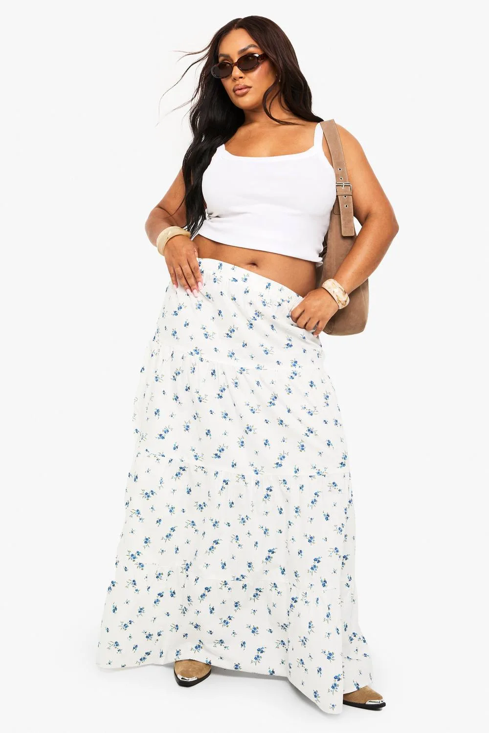 Plus Floral Poplin Tiered Maxi Skirt by boohoo