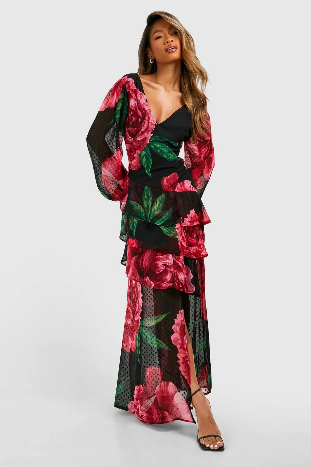 Floral Dobby Floral Frill Maxi Dress by boohoo