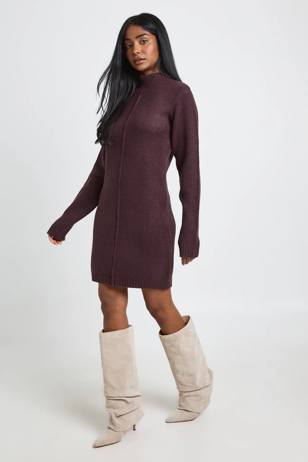 High Neck Seam Detail Knitted Mini Jumper Dress