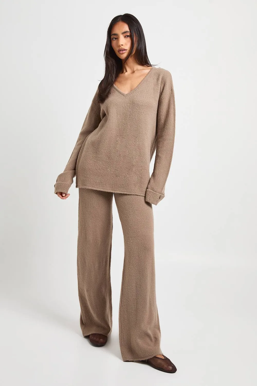 V Neck Button Cuff Jumper & Wide Leg Trouser Co-Ord