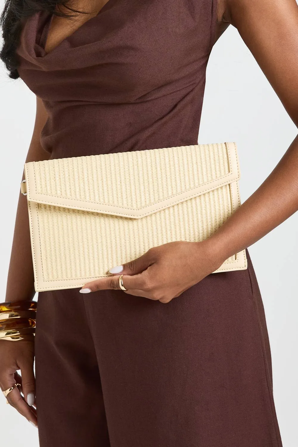 Contrast Raffia Clutch Bag with Detachable Handle
