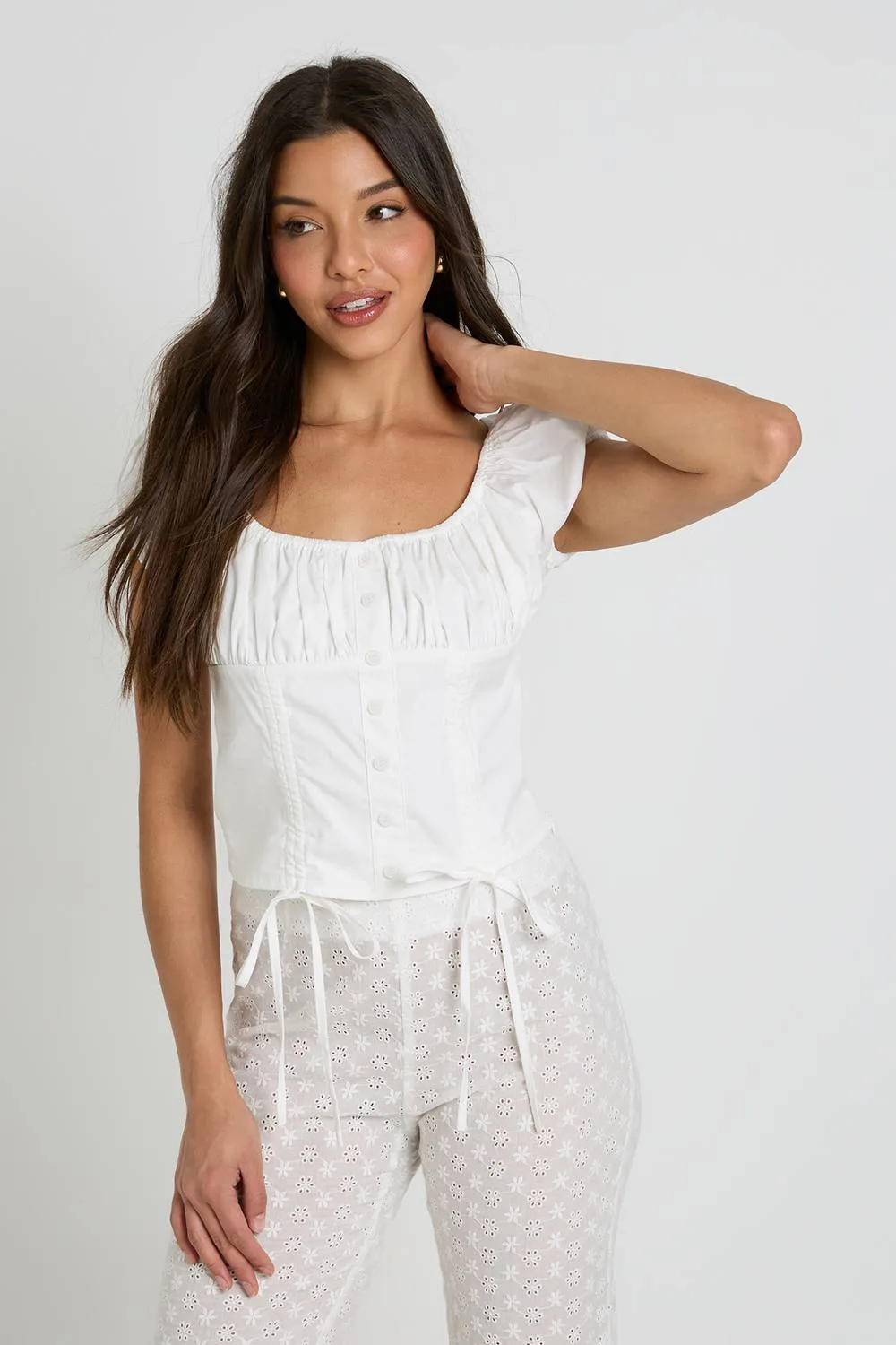 Button Down Puff Sleeve Top by boohoo