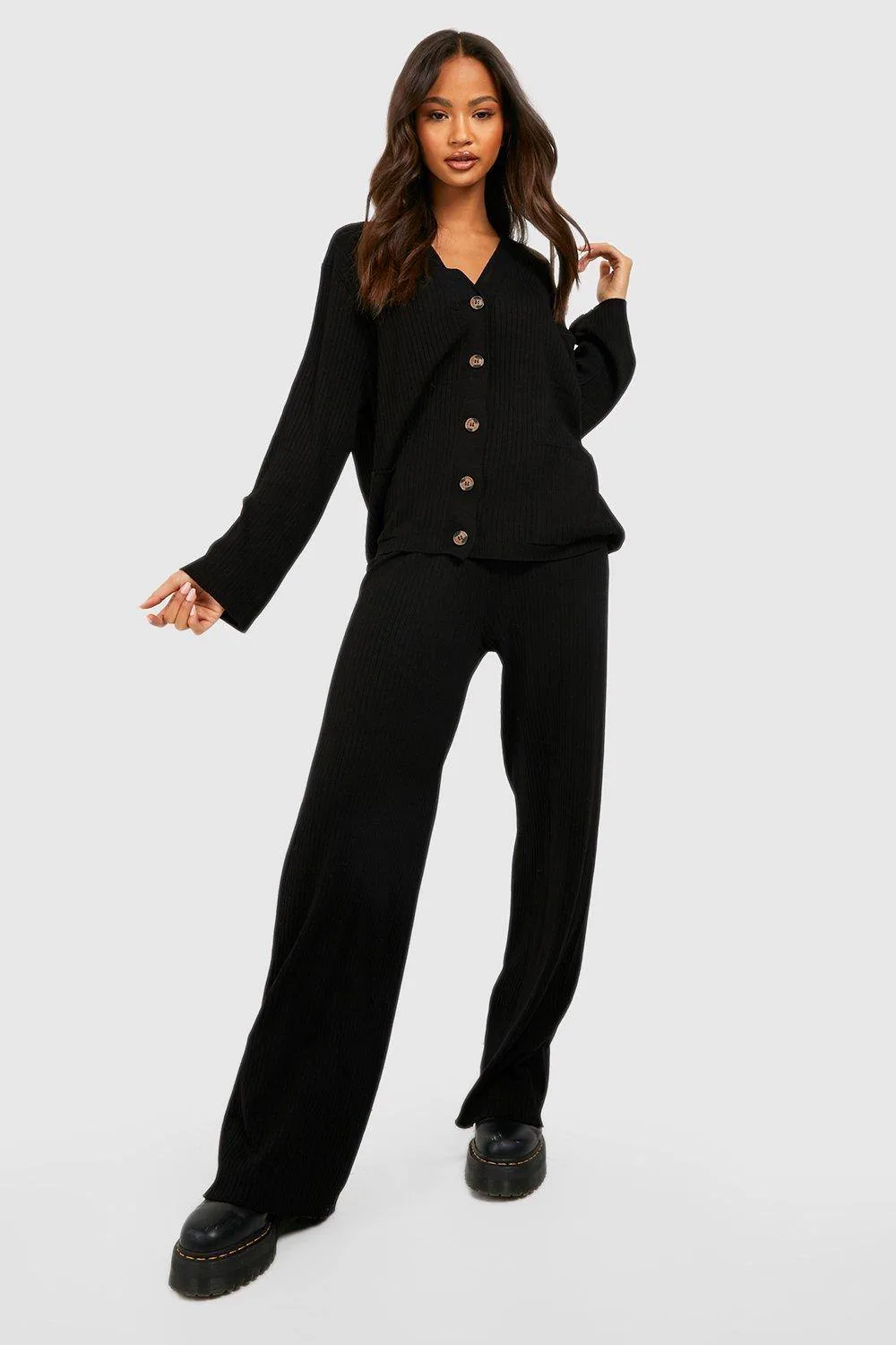 Rib Knit Buttoned Cardigan & Trouser Co-Ord by boohoo
