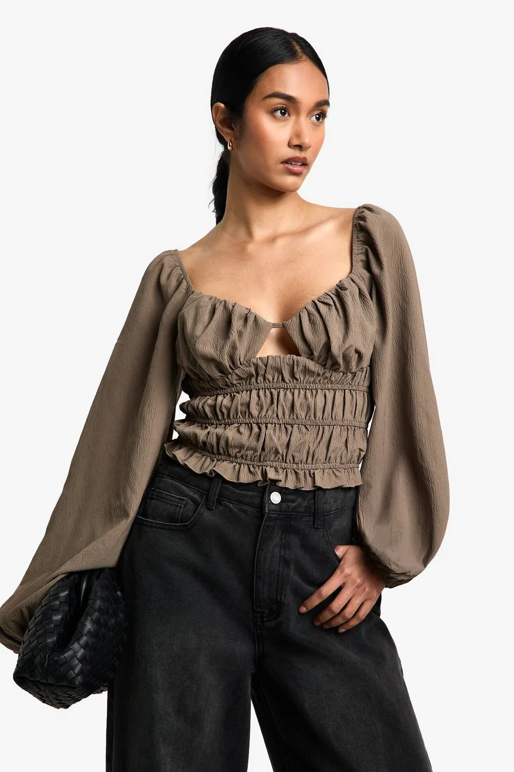 Woven Shirred Cut Out Long Sleeve Top by boohoo