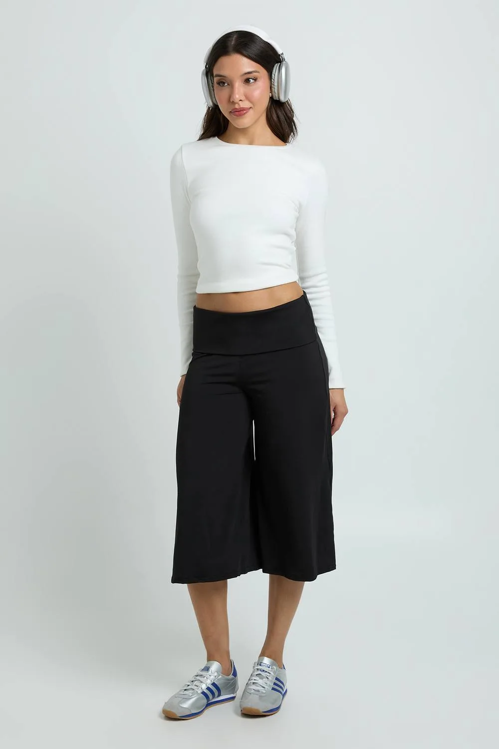 Fold Over Waistband Cropped Wide Leg Capri Trouser by boohoo