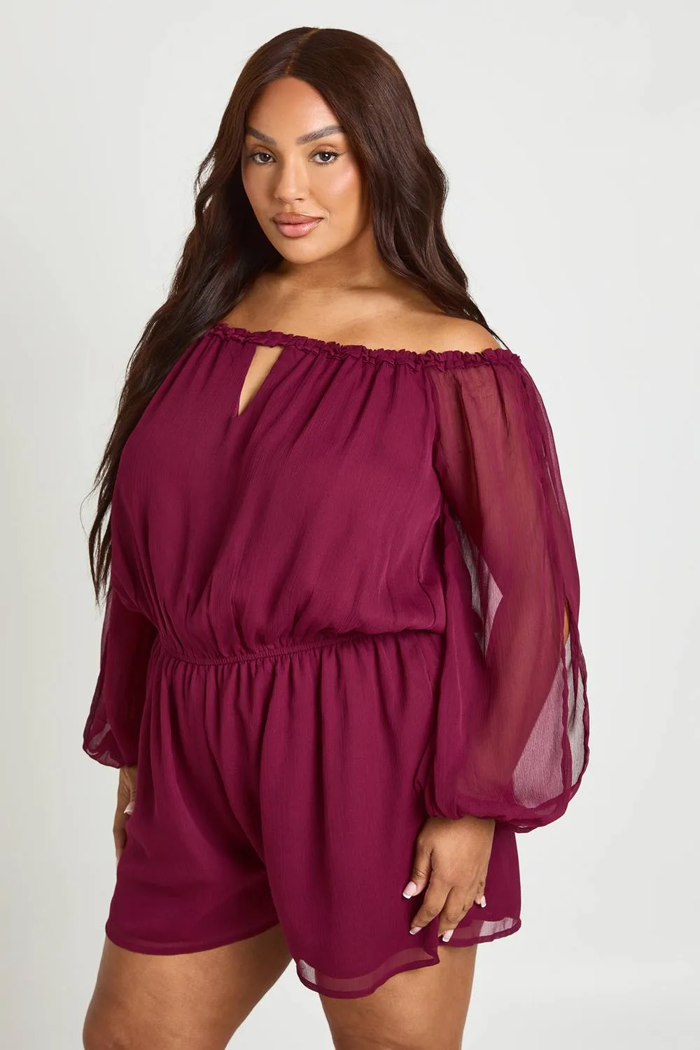 Chiffon Bardot Balloon Sleeve Playsuit by boohoo