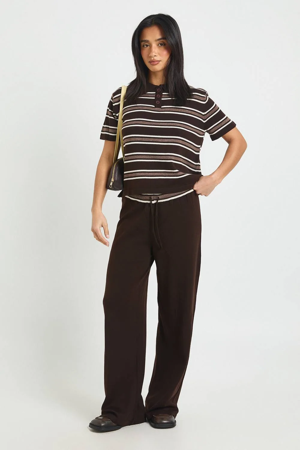 Placket Collar Short Sleeve Stripe Knitted Top & Trouser by boohoo