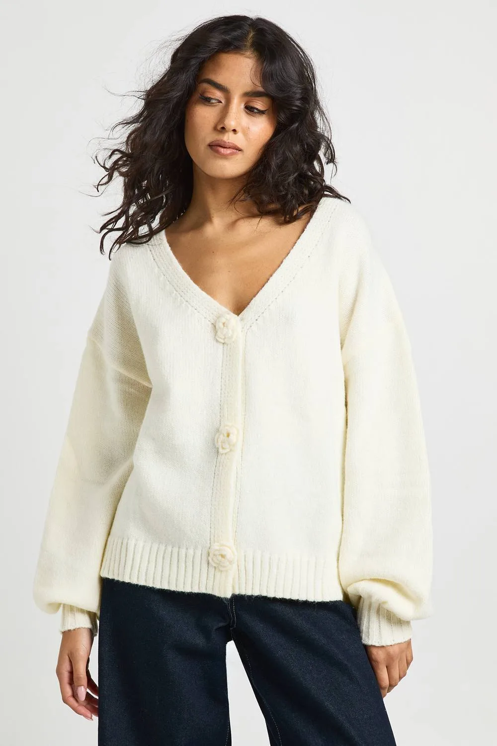 Flower Corsage Oversized Boyfriend Cardigan