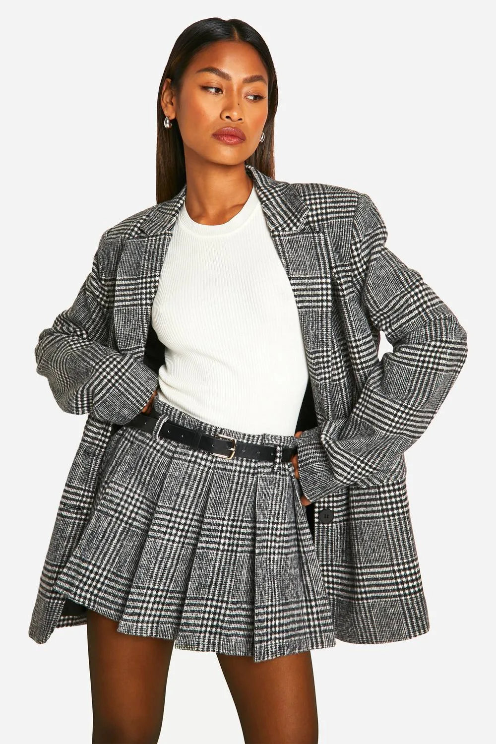 Premium Wool Look Check Belted Mini Skirt by boohoo
