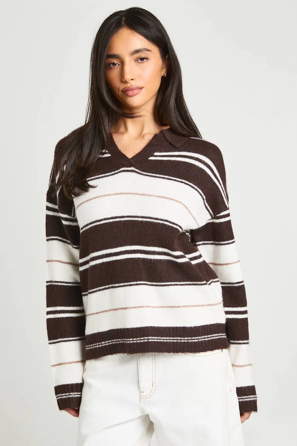 Stripe Collared V Neck Knitted Jumper by boohoo