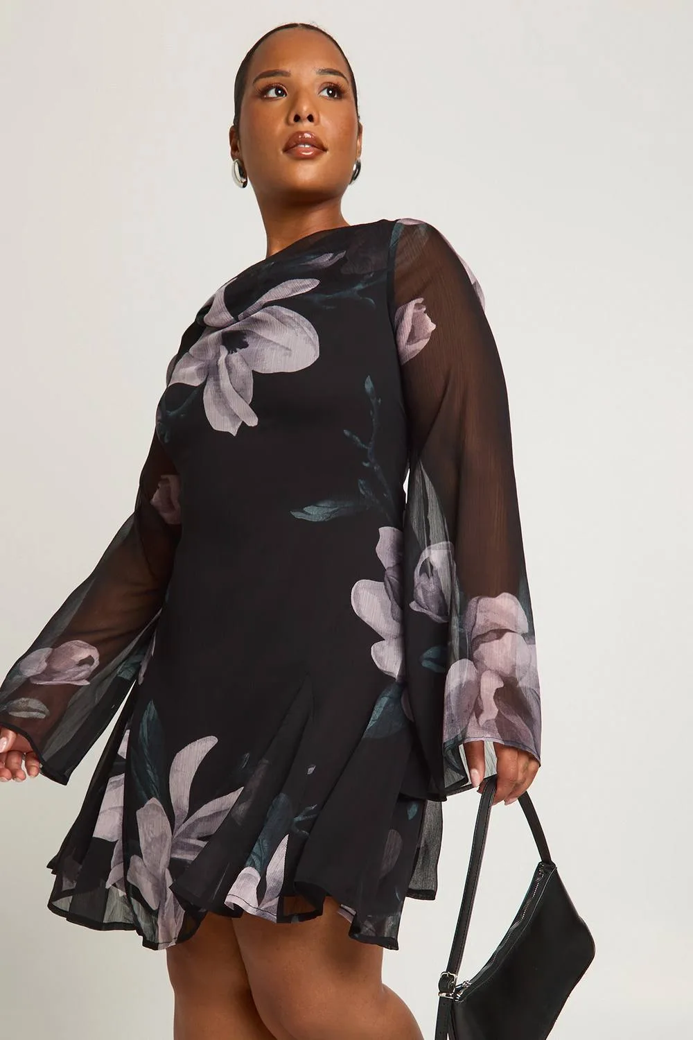 Floral Long Sleeve Chiffon Mini Skater Dress by boohoo