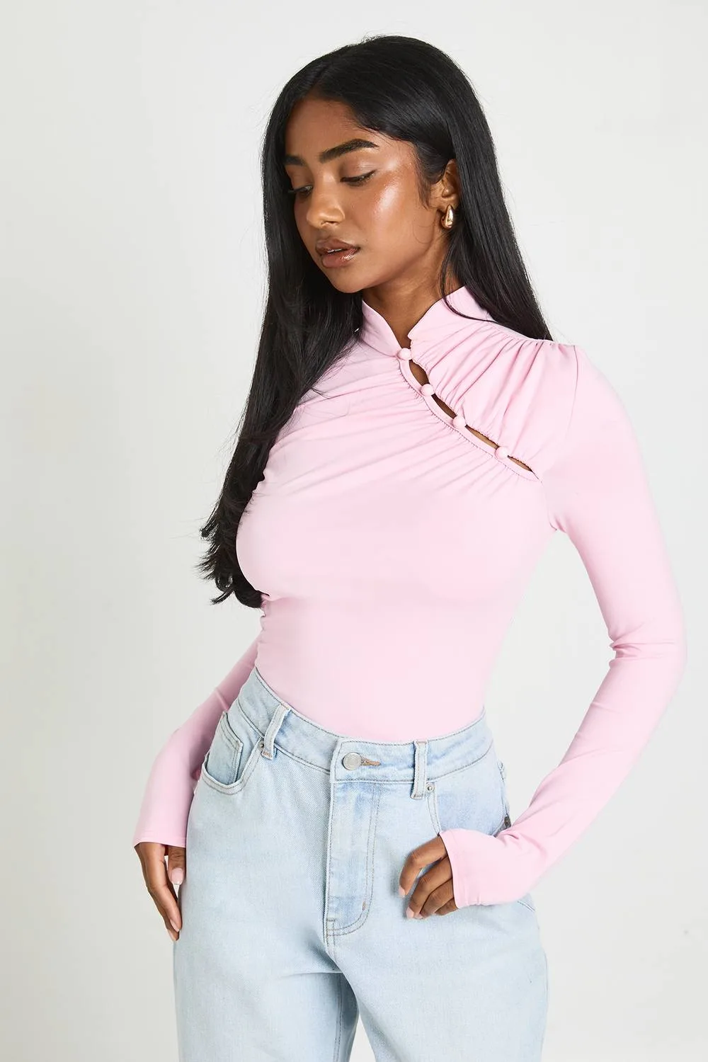 Ruched Long Sleeve Asym Button Up Bodysuit by boohoo
