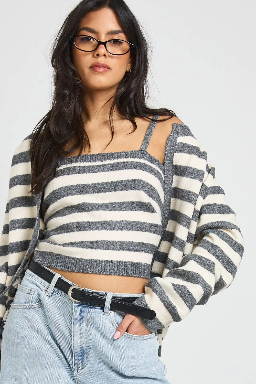 Super Soft Striped Knitted Boxy Fit Cardigan & Knitted Crop Top 2 Piece Set by boohoo