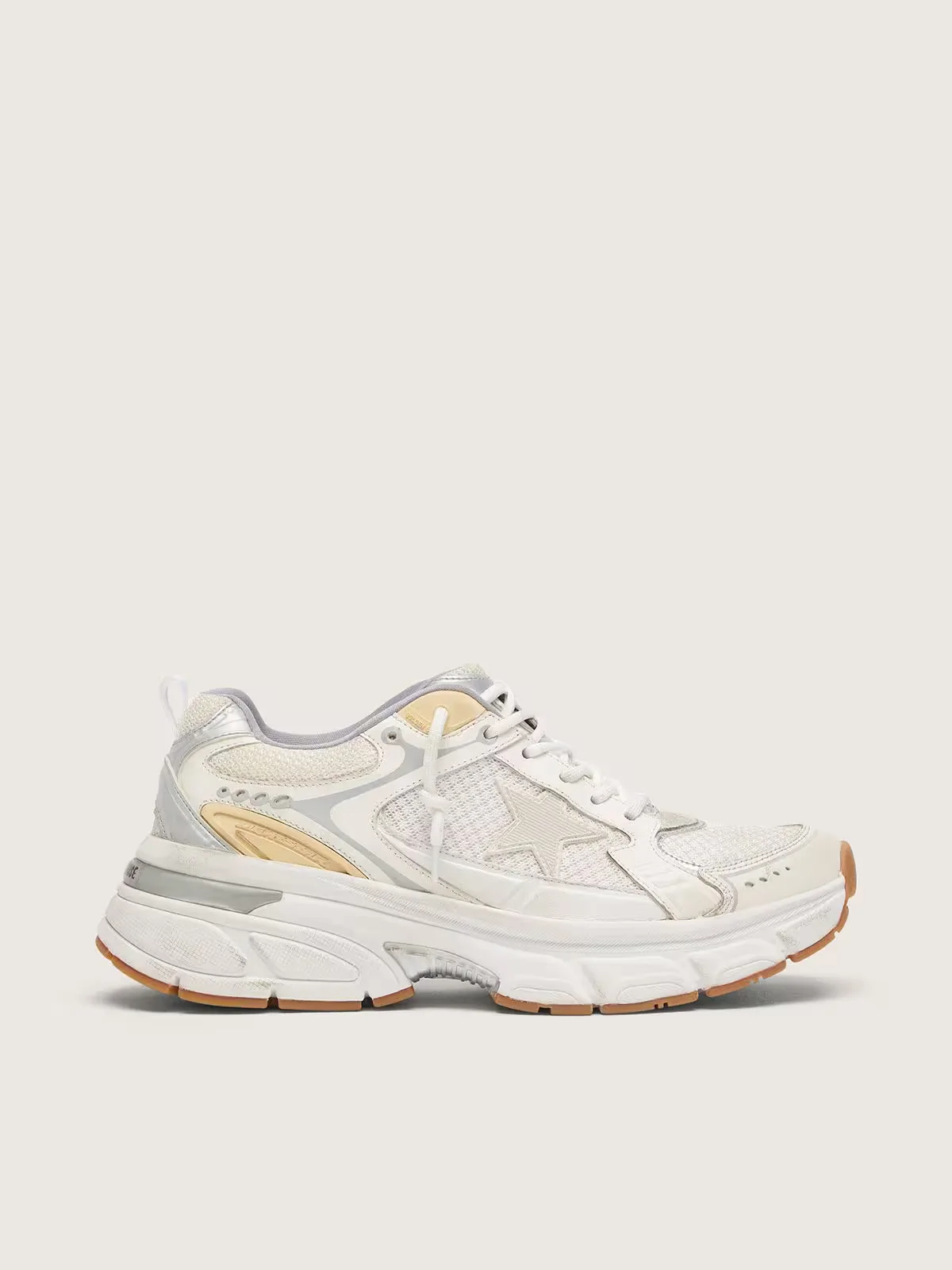 Lightstar in White Leather and Mesh with Worn-White Star by Golden Goose
