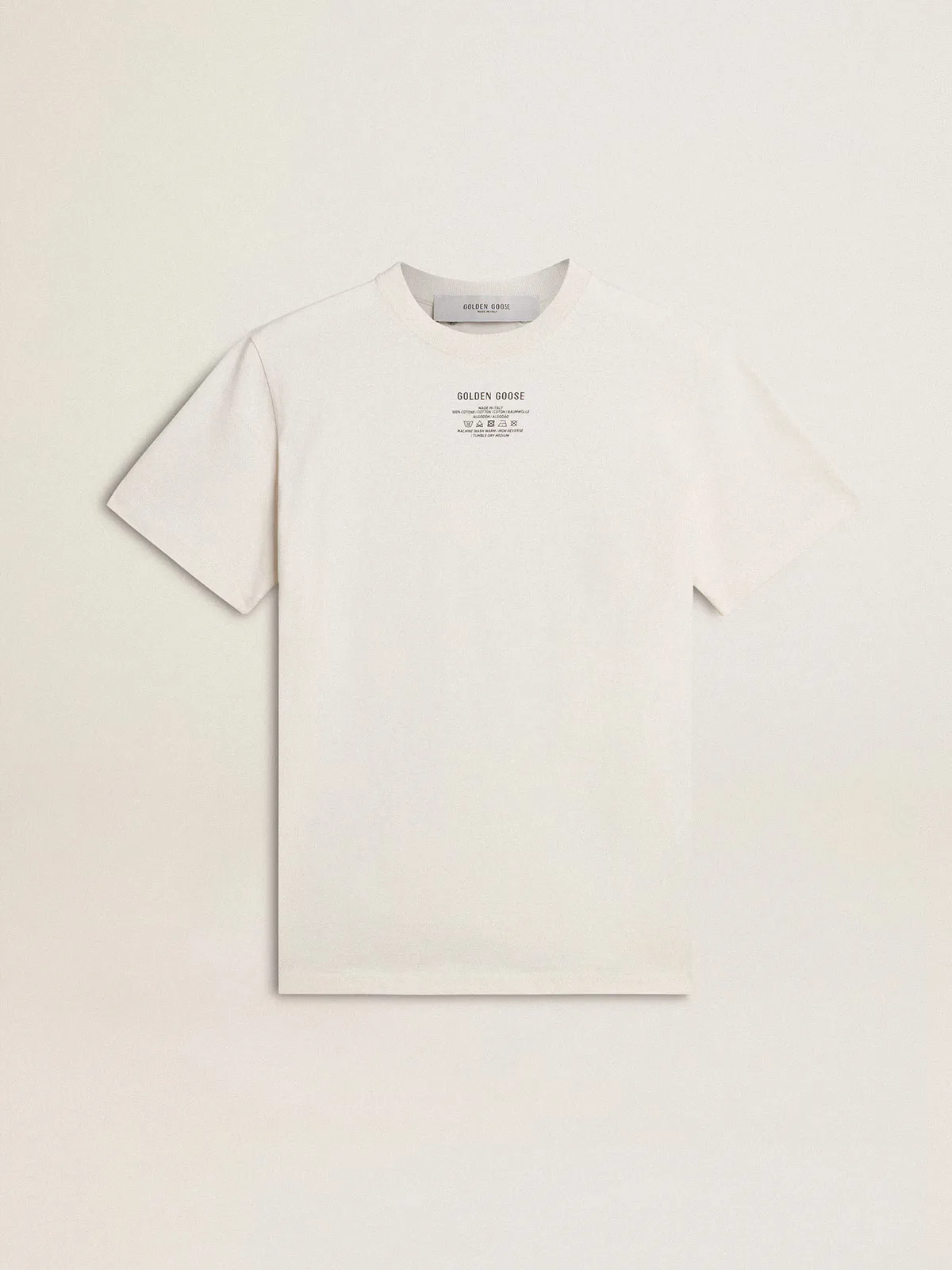 Worn-White Cotton T-Shirt with Black Lettering