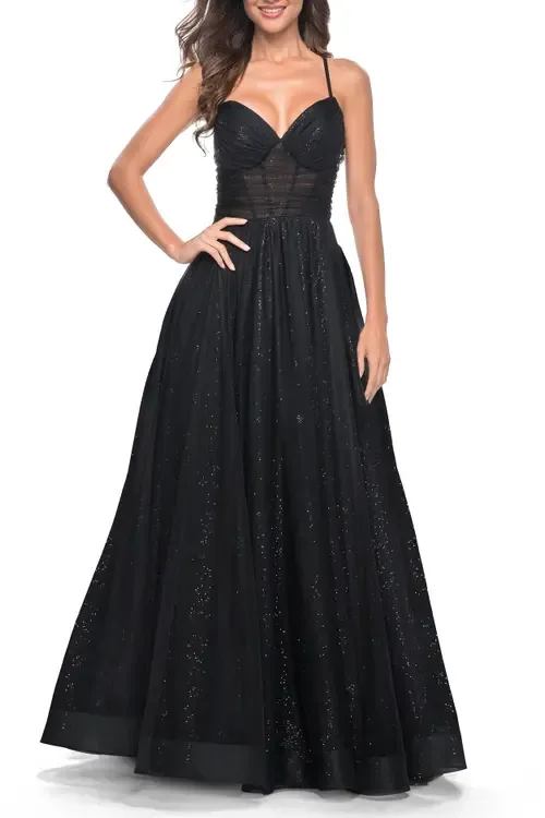 A-Line Prom Dress with Sequin Lining and Illusion Top by La Femme