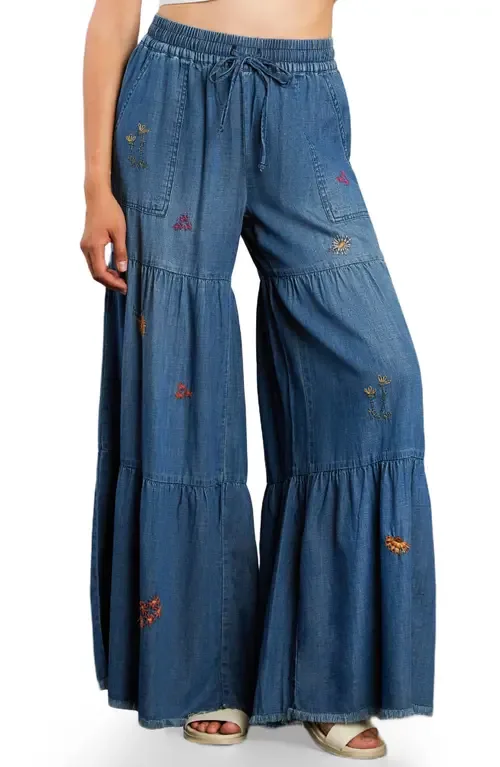 Embroidered Denim Wide Leg Pants by Billy T