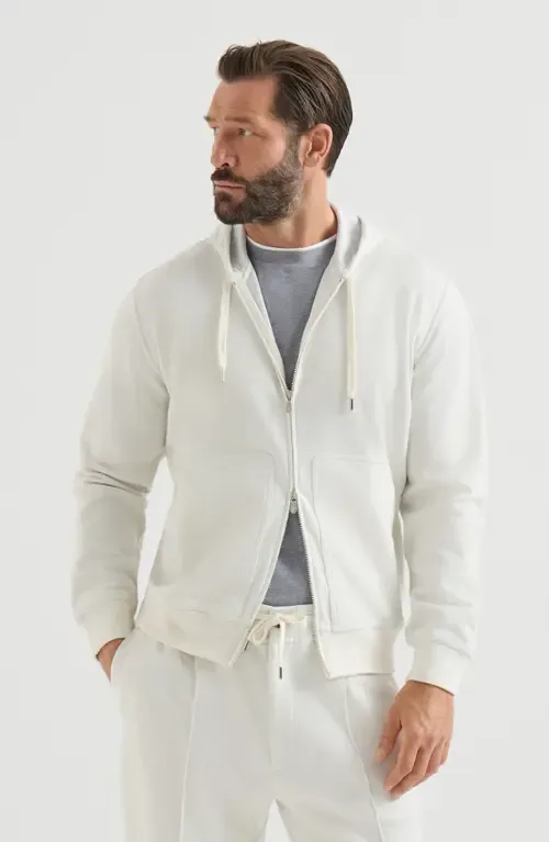 Cashmere and Cotton French Terry Double Cloth Hooded Sweatshirt with Zipper by Brunello Cucinelli