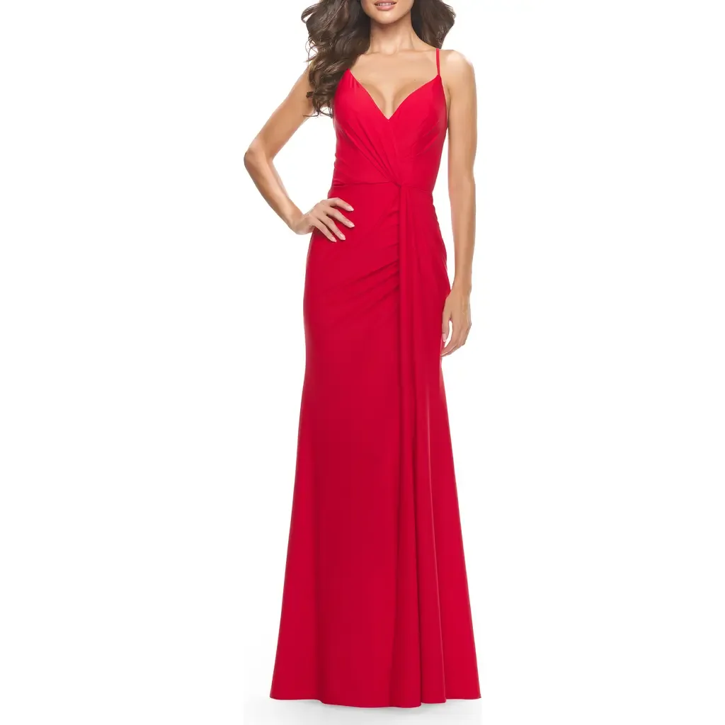 Soft Jersey Dress with Knot Waist and Lace Up Back by La Femme