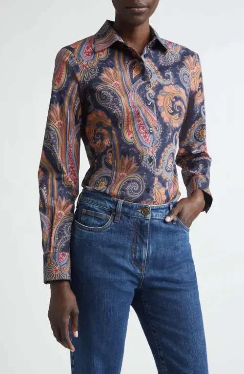 Paisley Stretch Cotton Button-Up Shirt by Etro