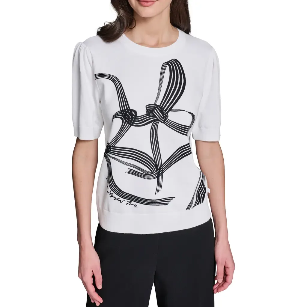 Bow Print Short Sleeve Cotton Sweater by KARL LAGERFELD PARIS