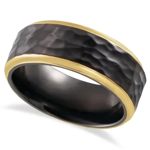 Hammered Wedding Ring Band 18K Yellow Gold PVD Black Titanium by ALLUREZ