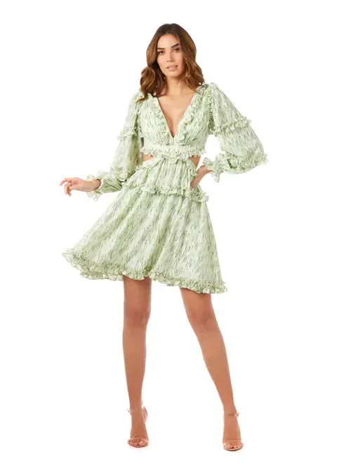 V-Neck Long Sleeve Print Cocktail Short with Cutout and Lace Up Back by LARA New York