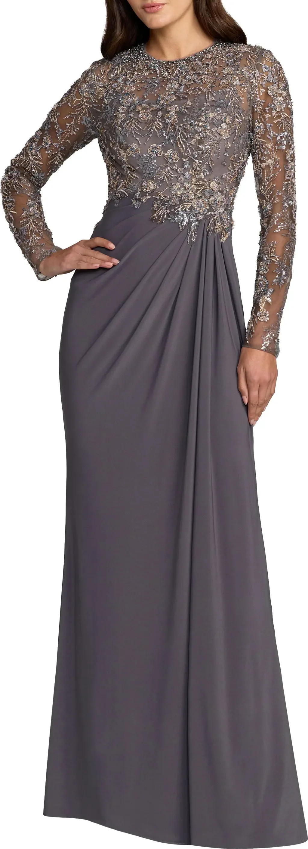 Long Sleeve Jersey Beaded Embroidered Gown