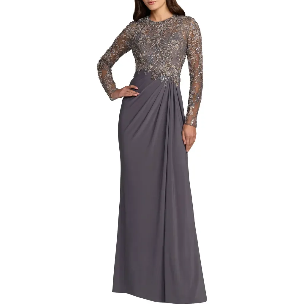 Long Sleeve Jersey Beaded Embroidered Gown by Mac Duggal