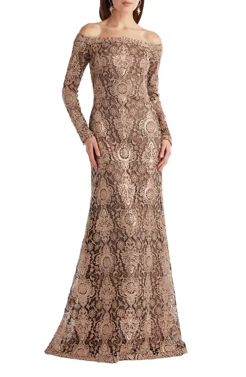 Sequin & Lace Off the Shoulder Long Sleeve Gown by Tadashi Shoji