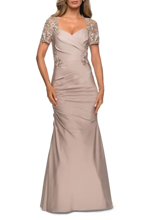 Satin Evening Dress with Lace and Scoop Neckline by La Femme