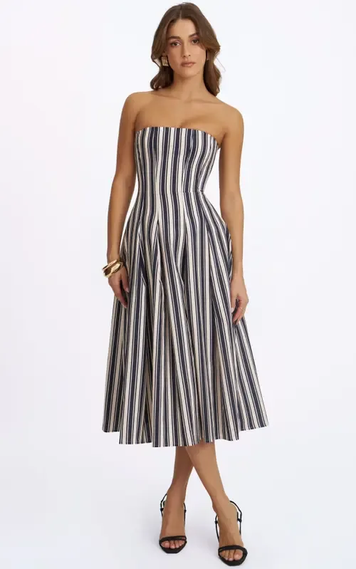 Wyanne Linen Striped Strapless Midi Dress