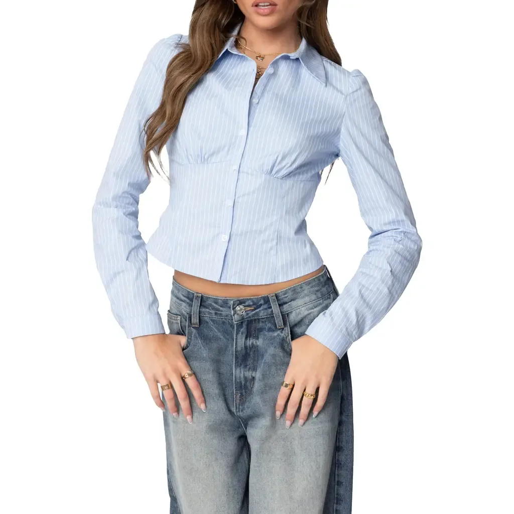 Pinstripe Tailored Cotton Poplin Button-Up Shirt by EDIKTED