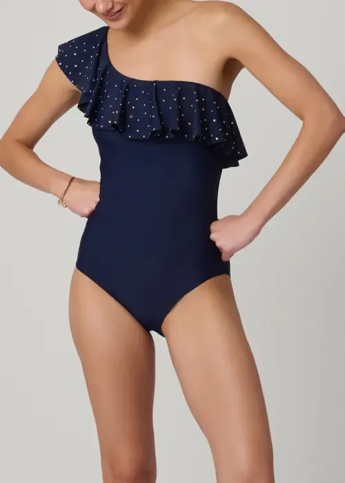 Embellished One Shoulder Ruffle One Piece by Shoshanna
