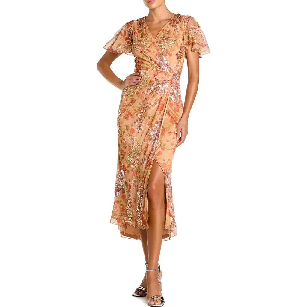 Printed Mesh Flutter Sleeve Faux Wrap Midi Dress by Mac Duggal