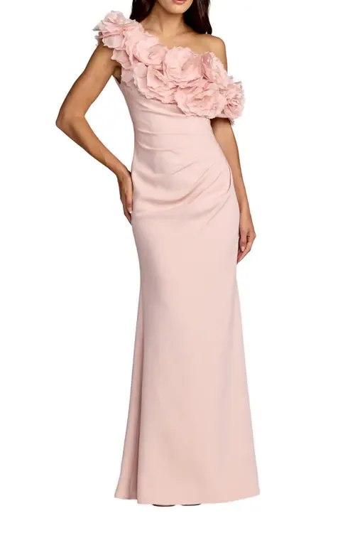 Crepe One Shoulder Gown with 3D Floral Applique