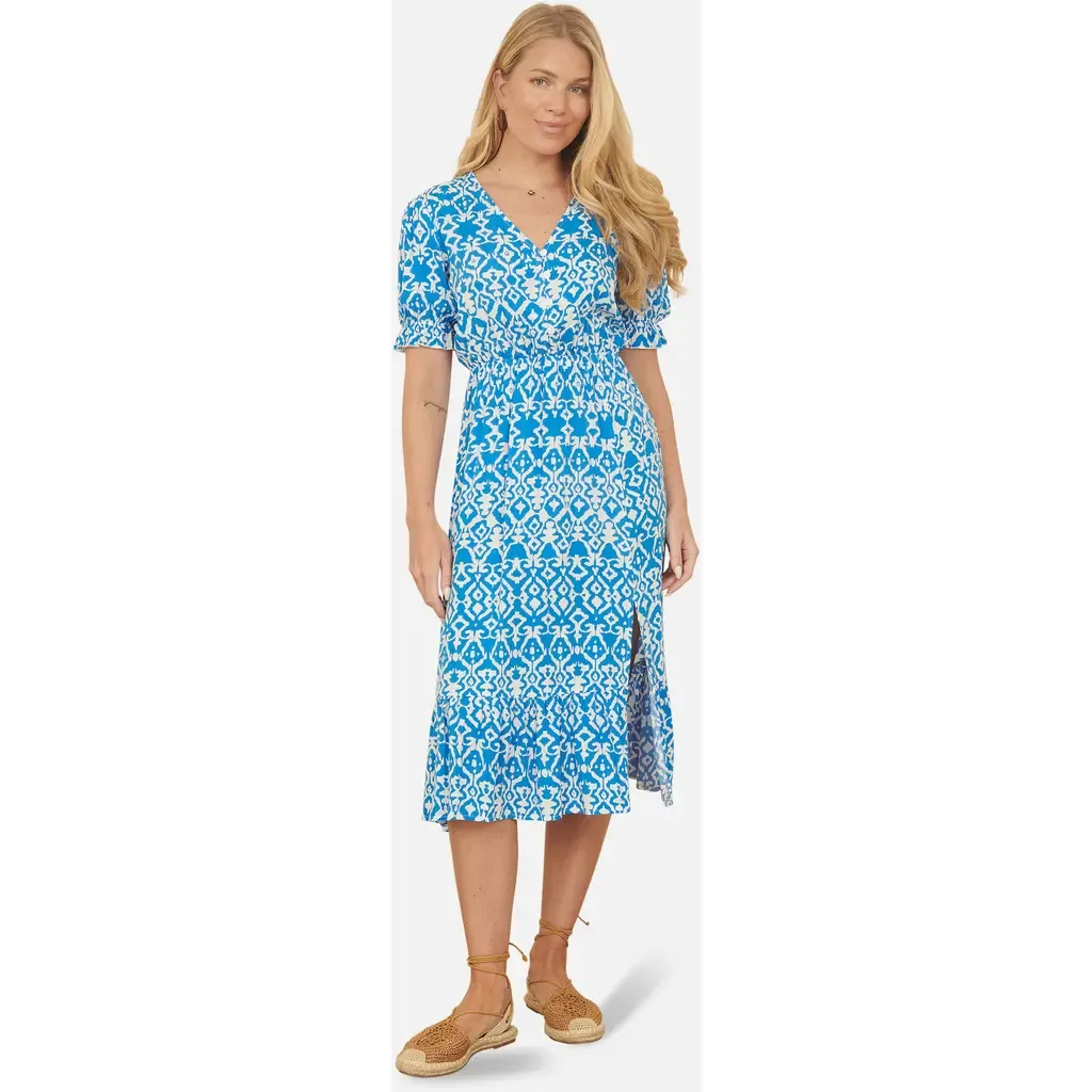 Geometric Print Puff Sleeve Midi Dress by Yumi
