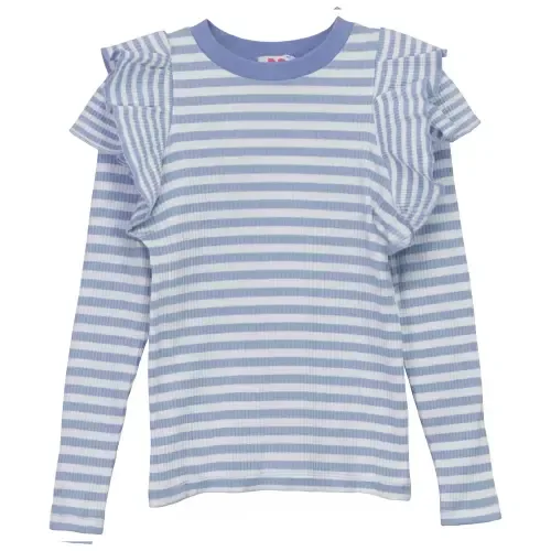 Striped Rib Ruffle Shoulder Stretch T Shirt by Pinky Promise